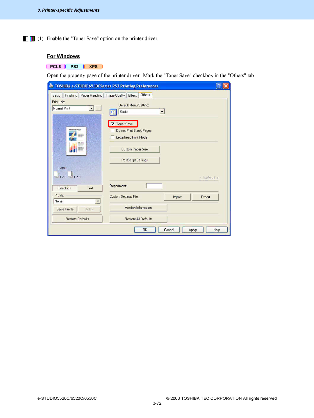 Toshiba 6520c, 5520c manual Enable the Toner Save option on the printer driver 