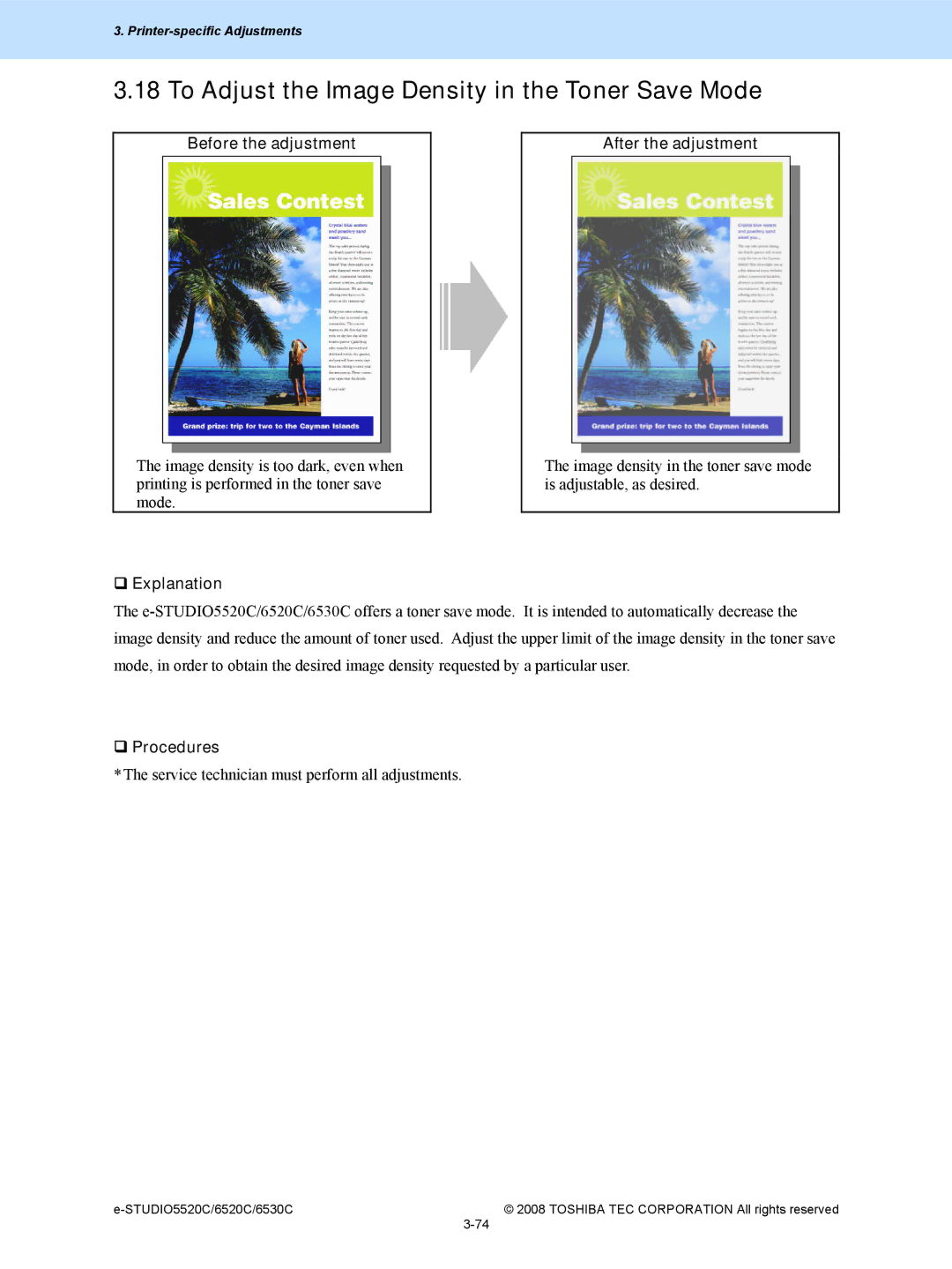 Toshiba 6520c, 5520c manual To Adjust the Image Density in the Toner Save Mode, Before the adjustment 