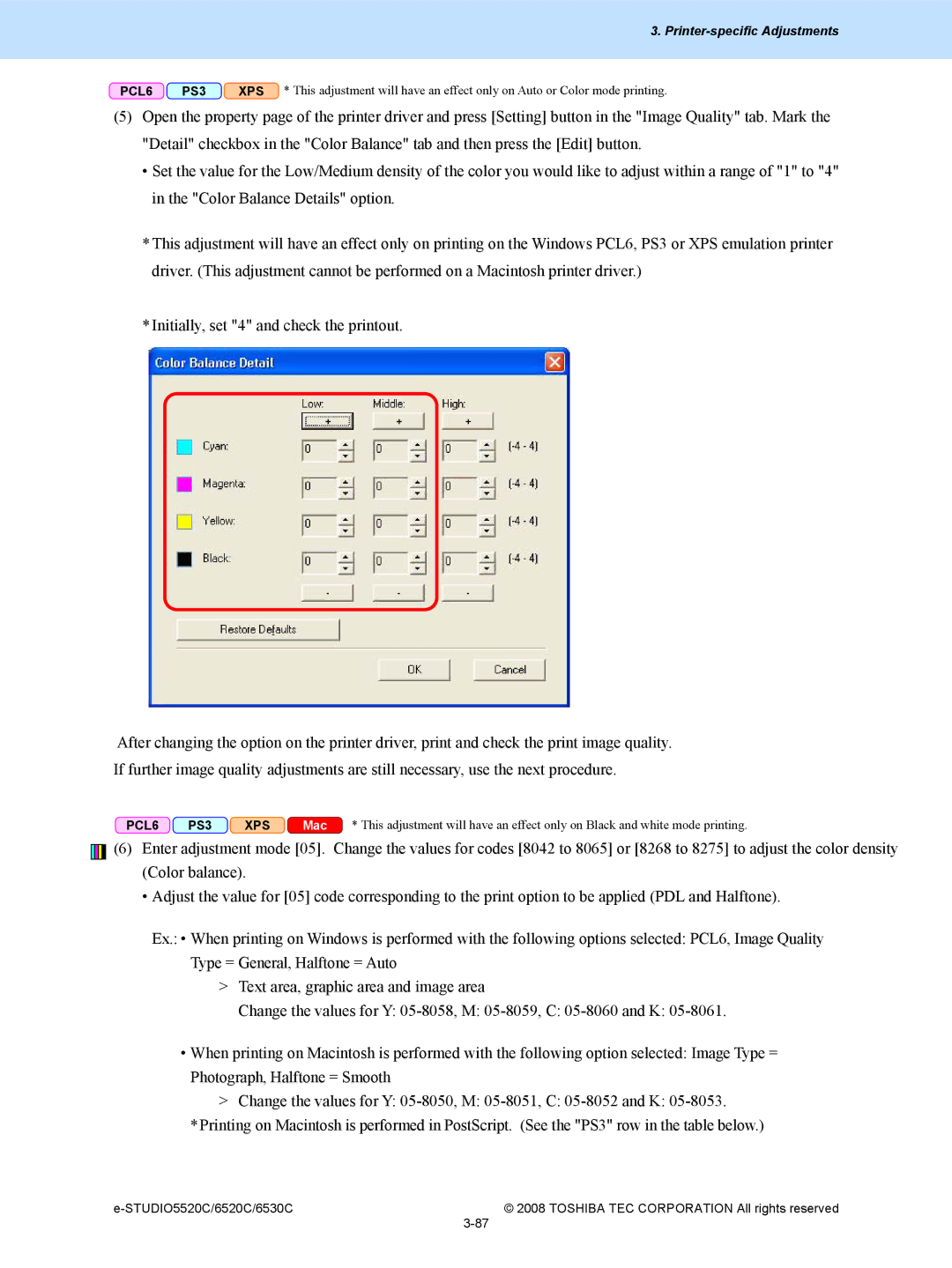 Toshiba 5520c, 6520c manual Printer-specific Adjustments 