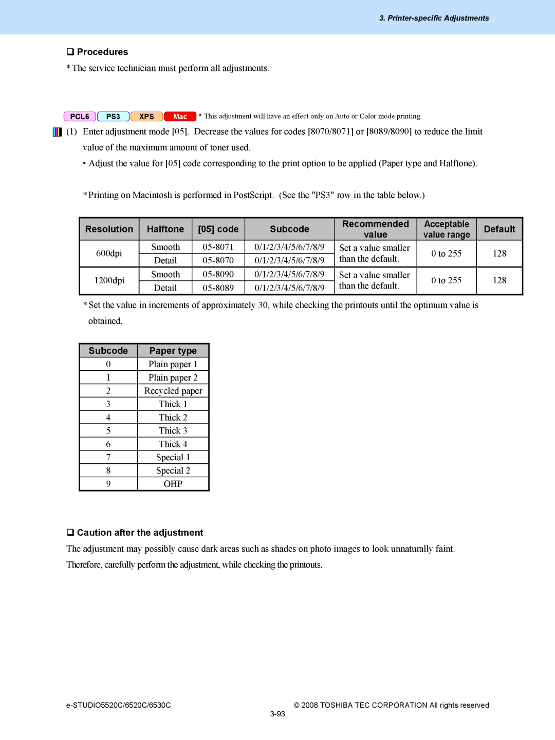 Toshiba 5520c, 6520c manual ‰ Procedures, Subcode Paper type 