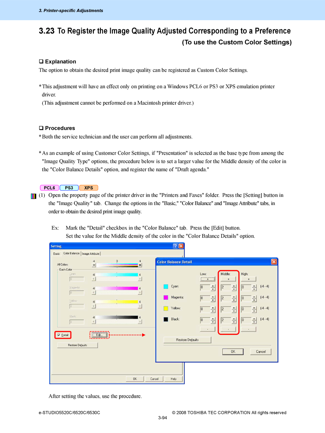 Toshiba 6520c, 5520c manual To use the Custom Color Settings, ‰ Explanation 