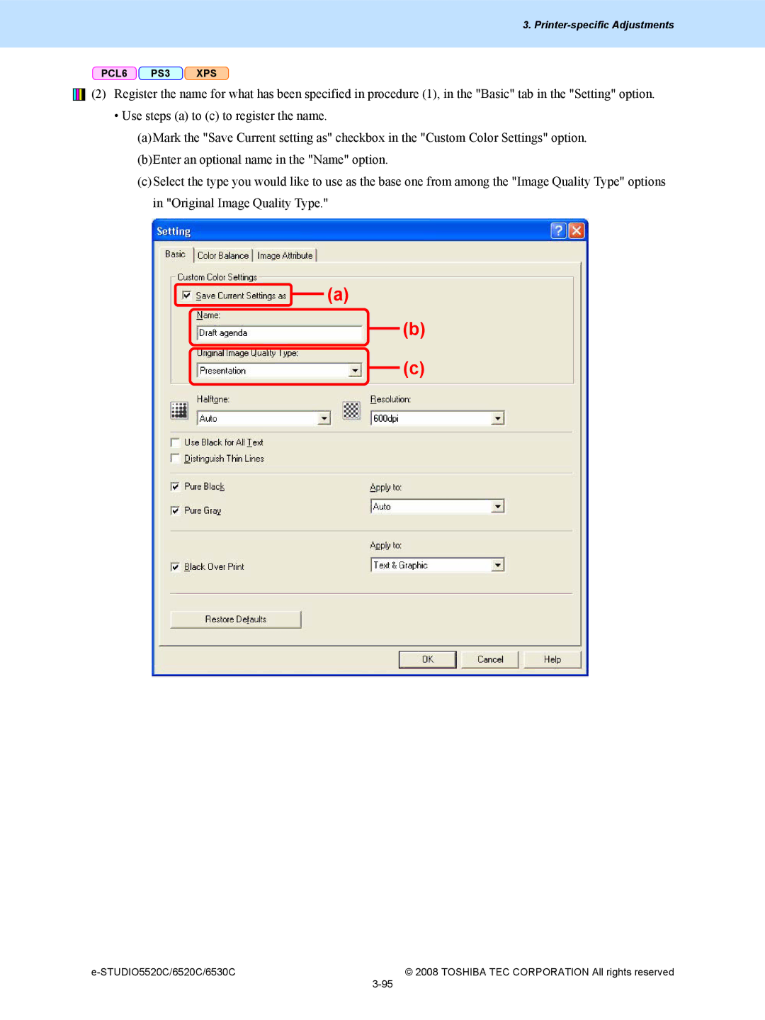 Toshiba 5520c, 6520c manual Printer-specific Adjustments 