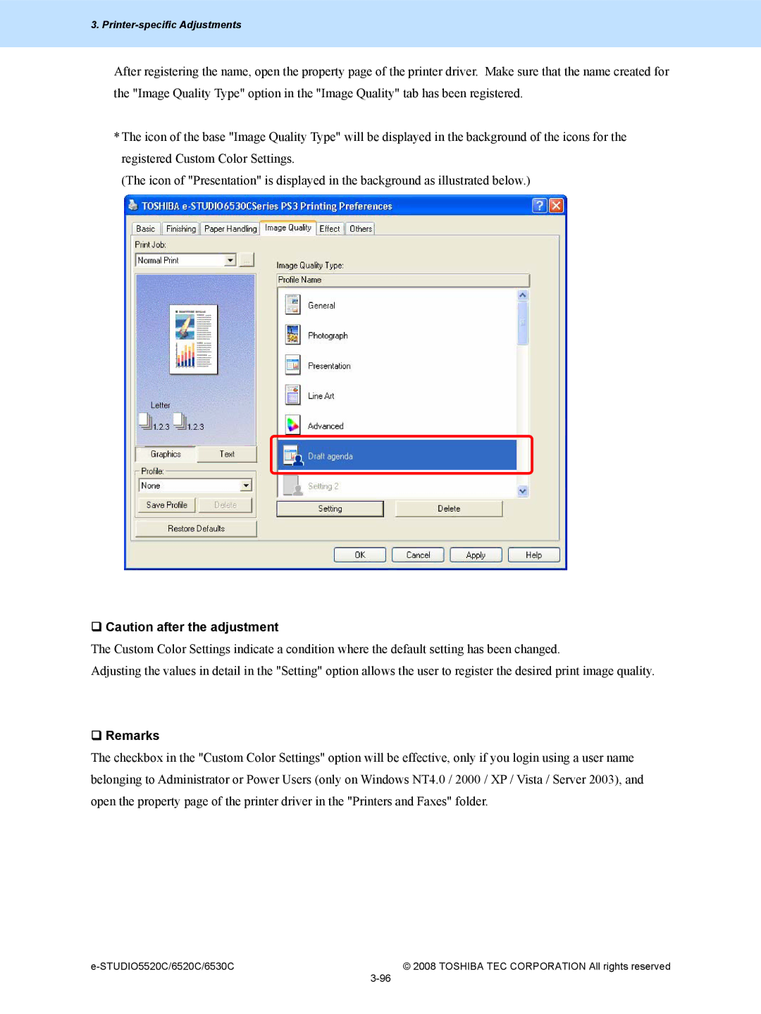 Toshiba 6520c, 5520c manual ‰ Caution after the adjustment 