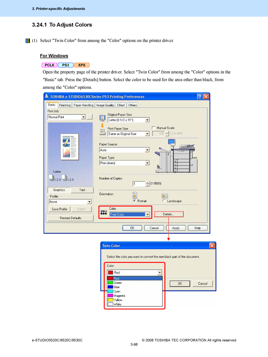 Toshiba 6520c, 5520c manual To Adjust Colors, For Windows 