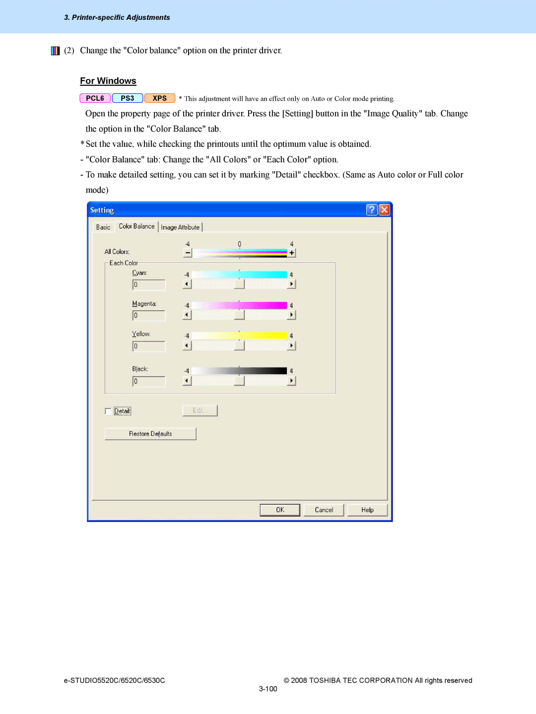 Toshiba 6520c, 5520c manual Change the Color balance option on the printer driver 