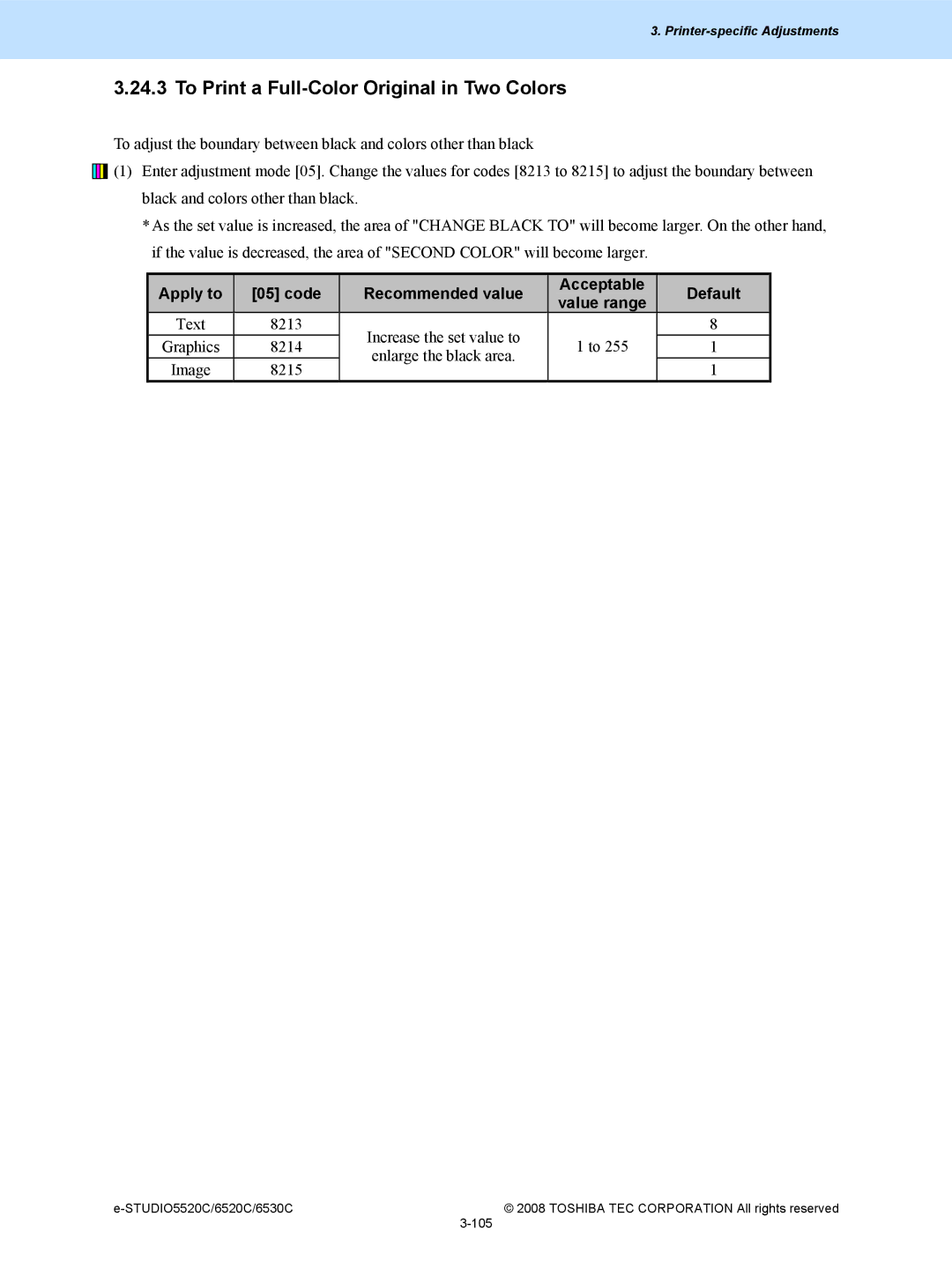 Toshiba 5520c, 6520c manual To Print a Full-Color Original in Two Colors, Apply to Code Recommended value Acceptable 