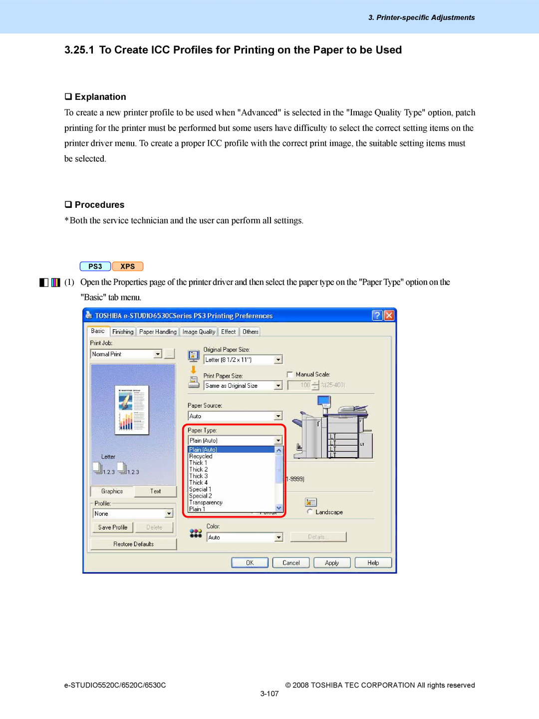 Toshiba 5520c, 6520c manual To Create ICC Profiles for Printing on the Paper to be Used 