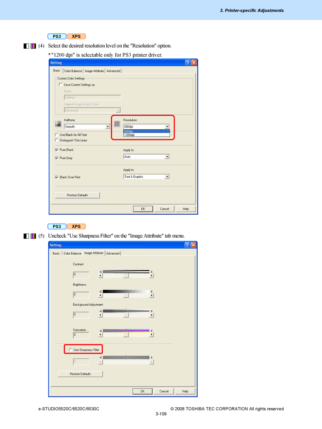 Toshiba 5520c, 6520c manual Uncheck Use Sharpness Filter on the Image Attribute tab menu 