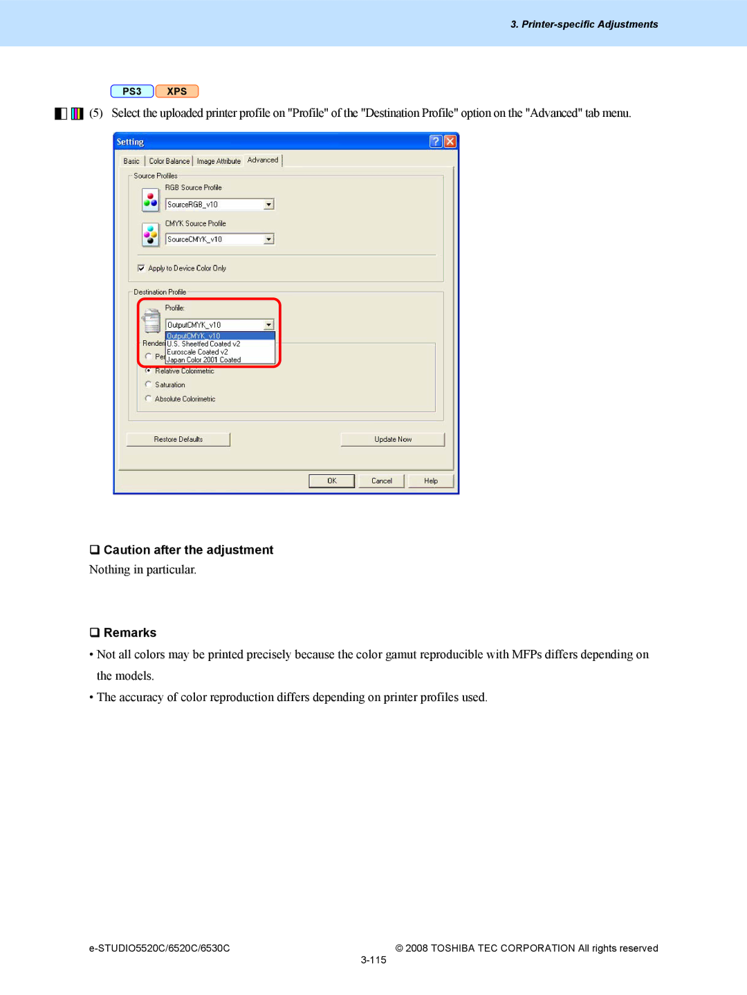 Toshiba 5520c, 6520c manual ‰ Caution after the adjustment 