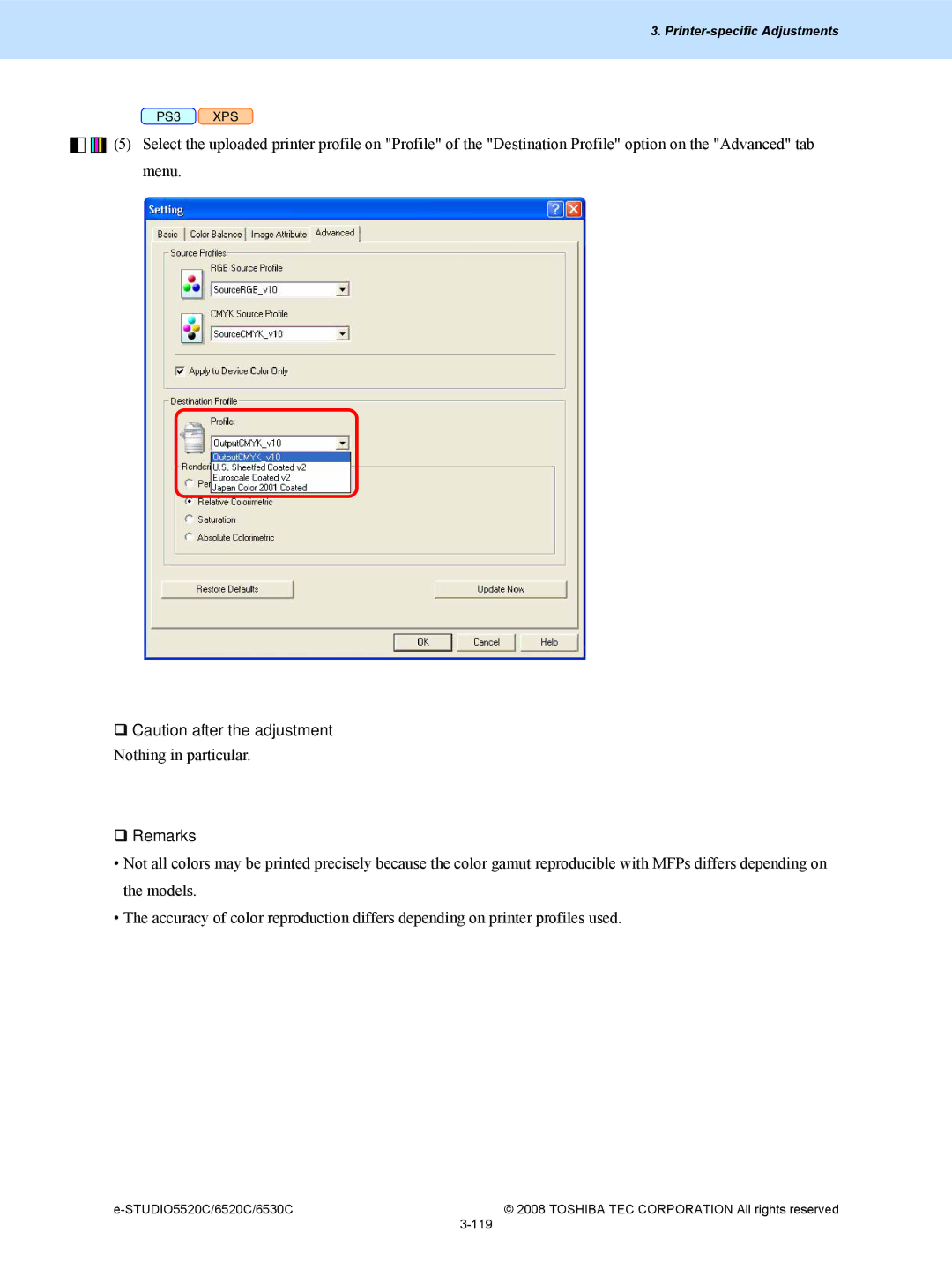 Toshiba 5520c, 6520c manual ‰ Caution after the adjustment 