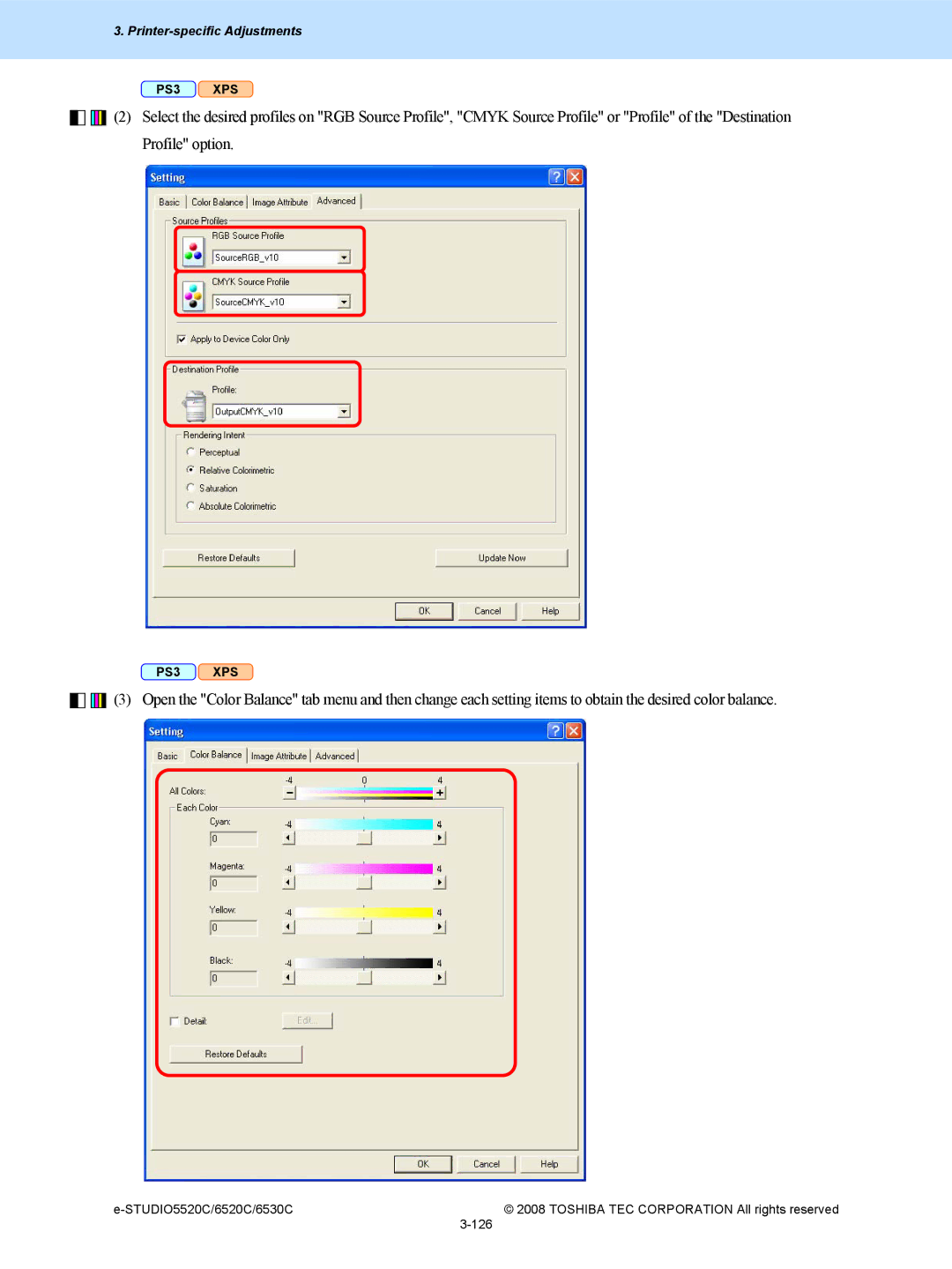 Toshiba 6520c, 5520c manual Printer-specific Adjustments 