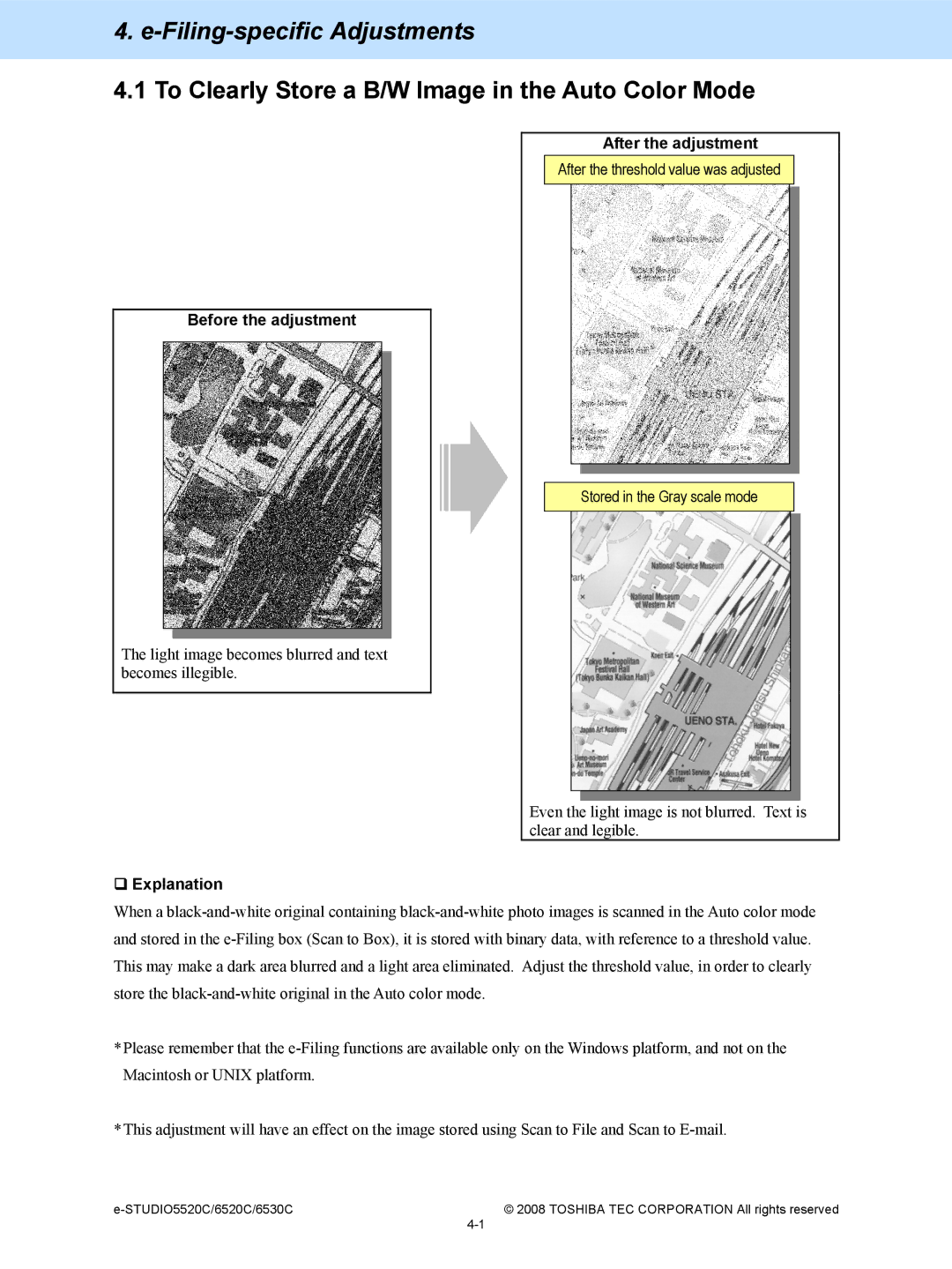 Toshiba 5520c, 6520c manual Filing-specific Adjustments, To Clearly Store a B/W Image in the Auto Color Mode 