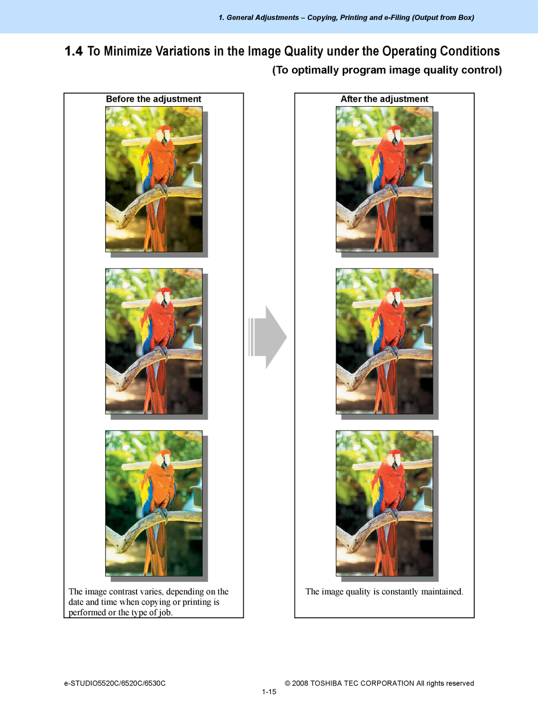 Toshiba 5520c, 6520c manual To optimally program image quality control, Before the adjustment After the adjustment 