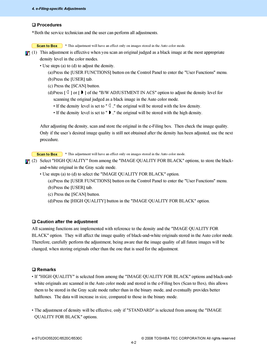 Toshiba 6520c, 5520c manual Filing-specific Adjustments 