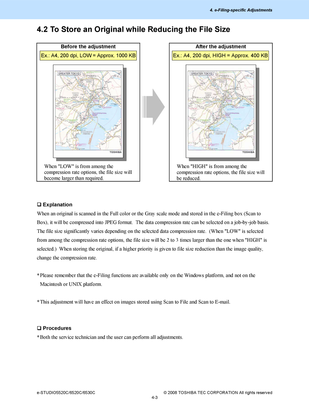 Toshiba 5520c, 6520c manual To Store an Original while Reducing the File Size, Ex. A4, 200 dpi, LOW = Approx KB 