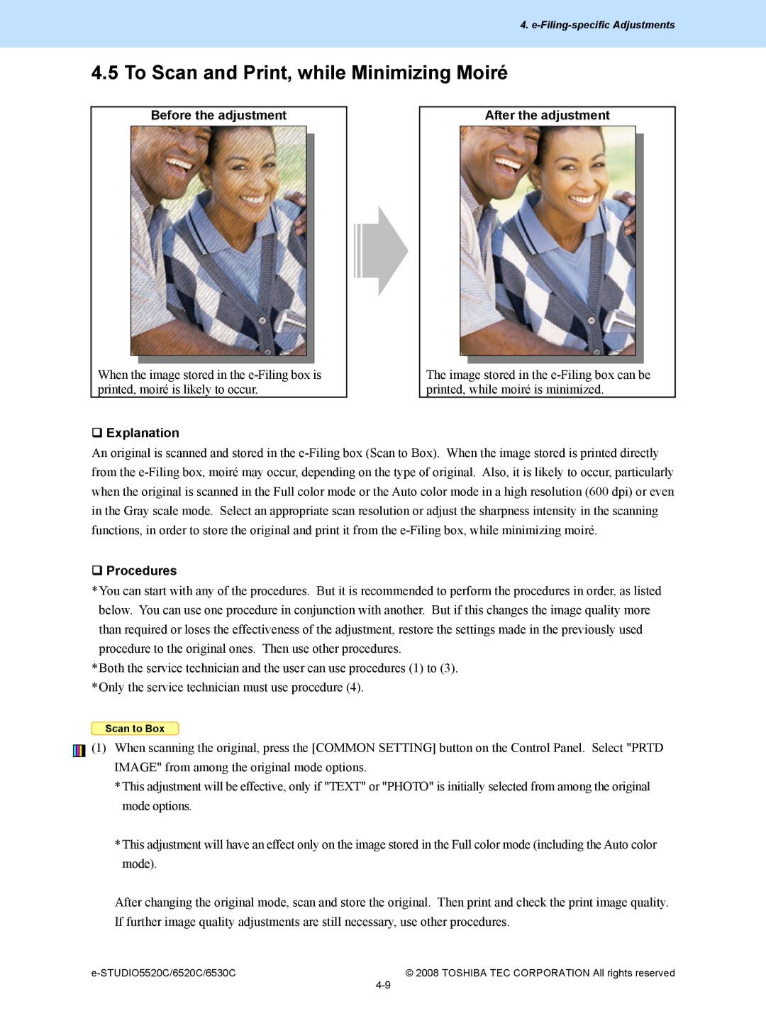 Toshiba 5520c, 6520c manual To Scan and Print, while Minimizing Moiré, ‰ Explanation After the adjustment 