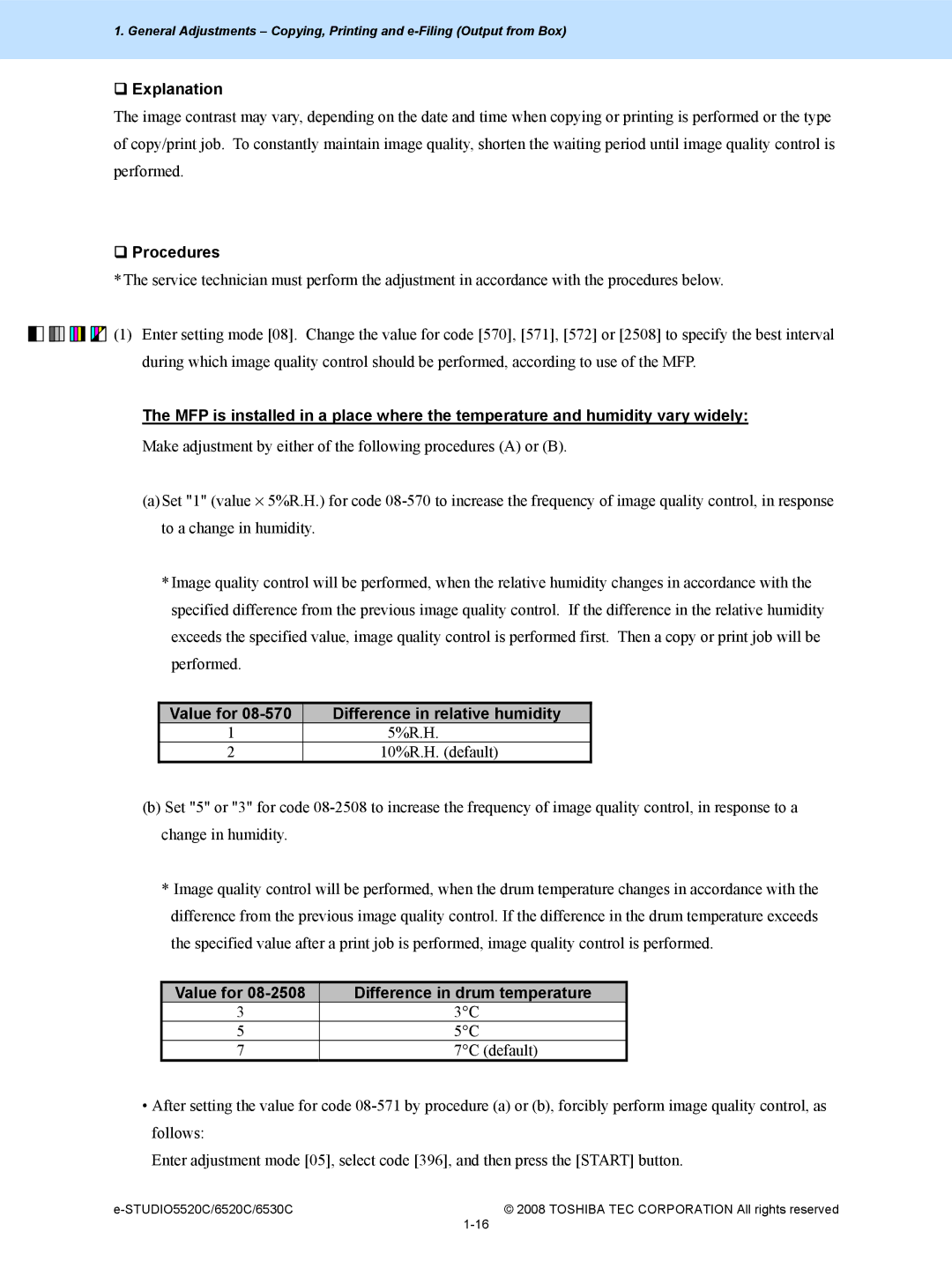 Toshiba 6520c, 5520c manual Value for Difference in relative humidity, Value for Difference in drum temperature 