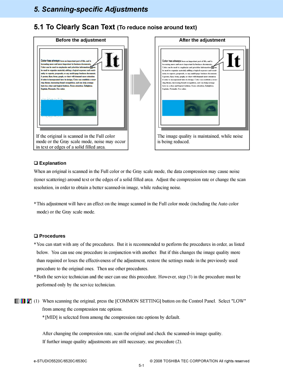 Toshiba 5520c, 6520c manual Scanning-specific Adjustments, To Clearly Scan Text To reduce noise around text 