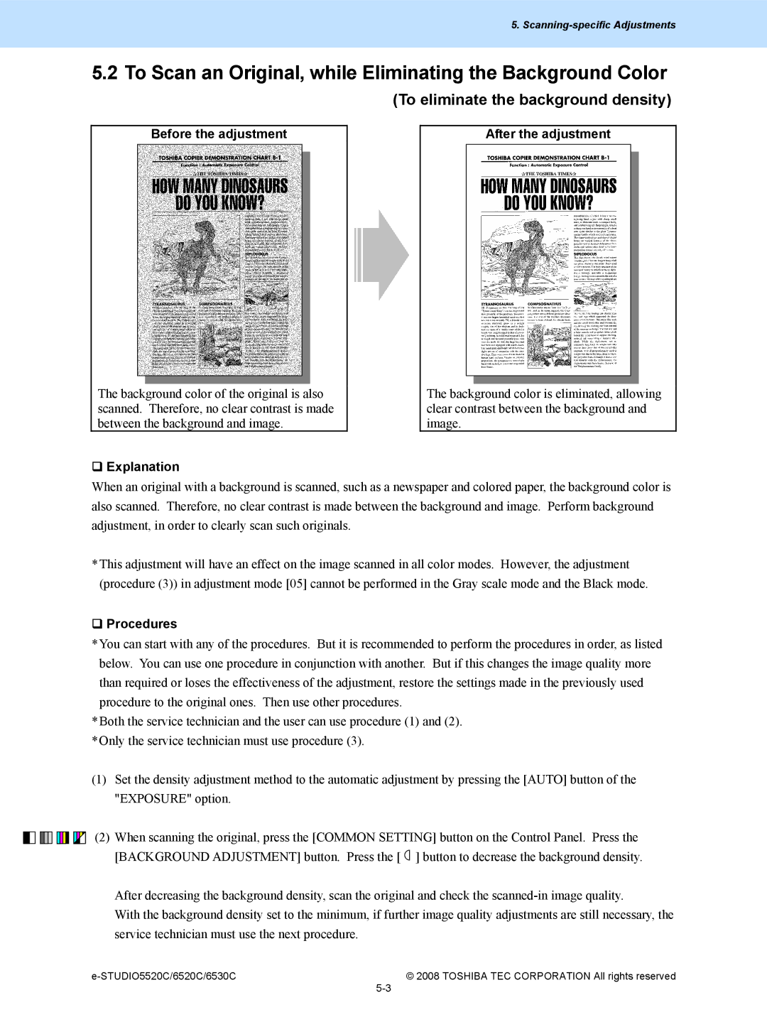Toshiba 5520c, 6520c manual To Scan an Original, while Eliminating the Background Color, To eliminate the background density 