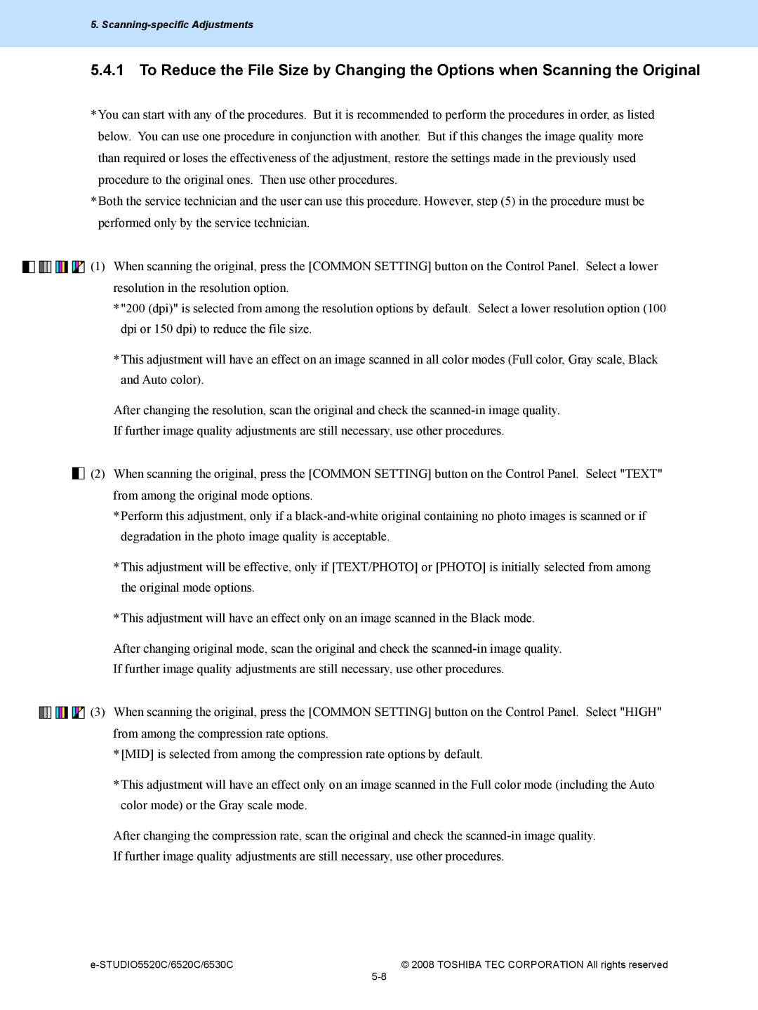 Toshiba 6520c, 5520c manual Scanning-specific Adjustments 