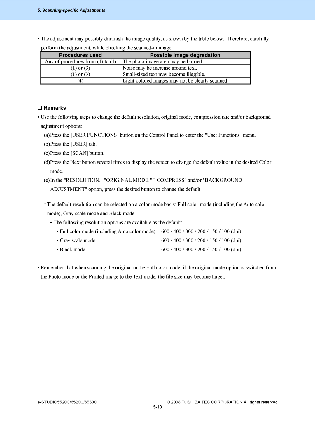 Toshiba 6520c, 5520c manual Procedures used Possible image degradation, ‰ Remarks 