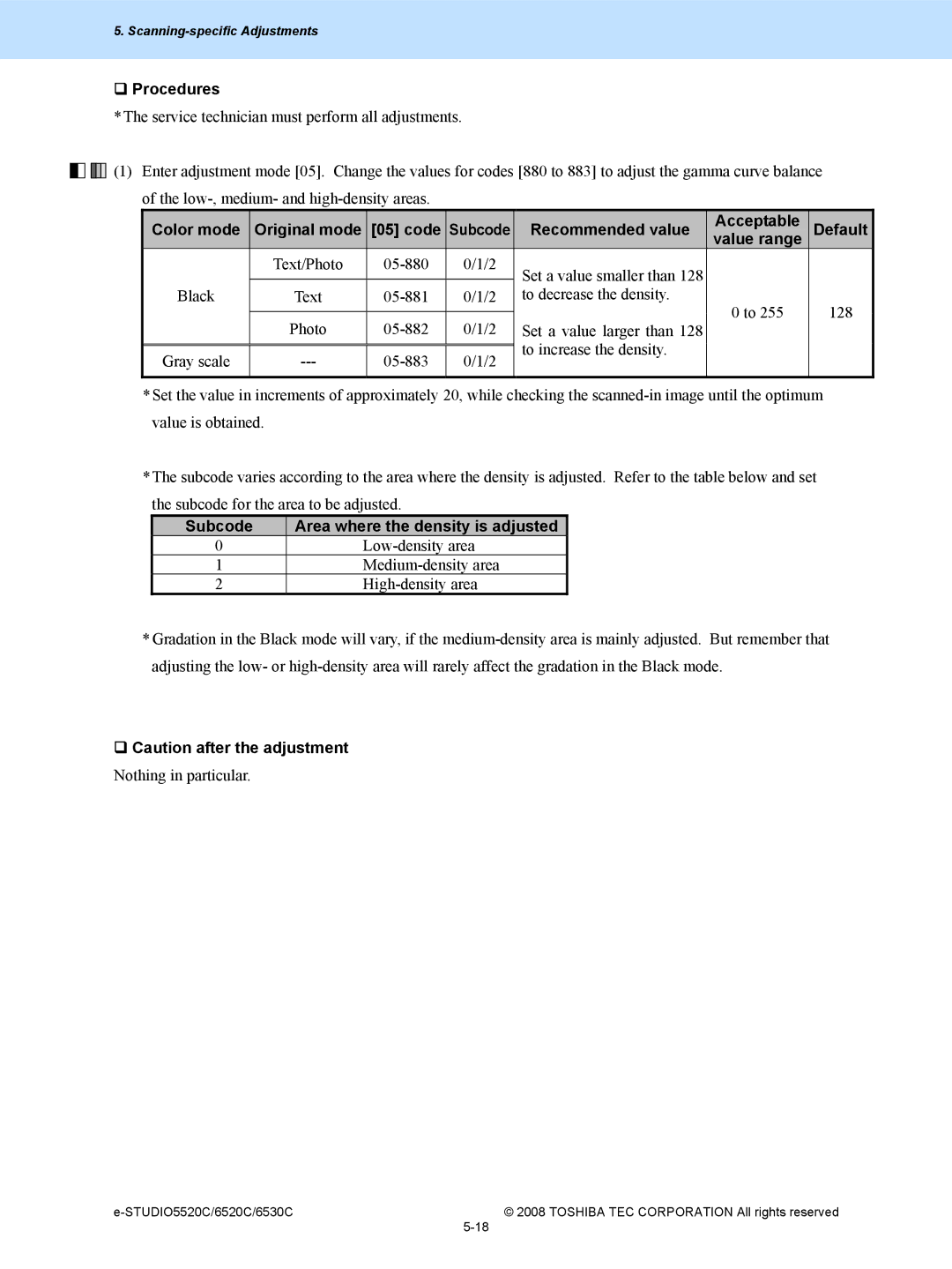 Toshiba 6520c, 5520c manual Color mode Original mode Code, Recommended value Acceptable Default Value range 