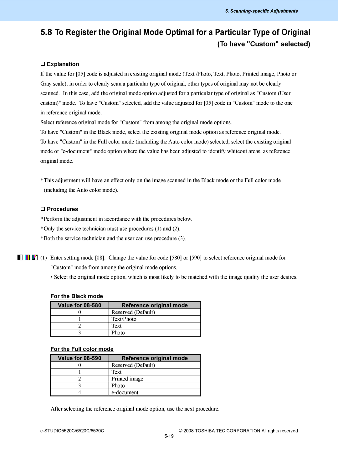 Toshiba 5520c, 6520c manual To have Custom selected, For the Black mode Value for 08-580 Reference original mode 
