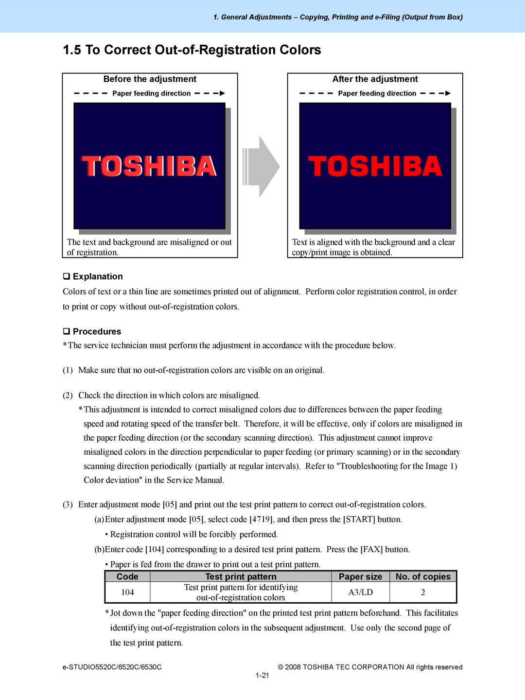 Toshiba 5520c, 6520c manual To Correct Out-of-Registration Colors, Code Test print pattern Paper size No. of copies 