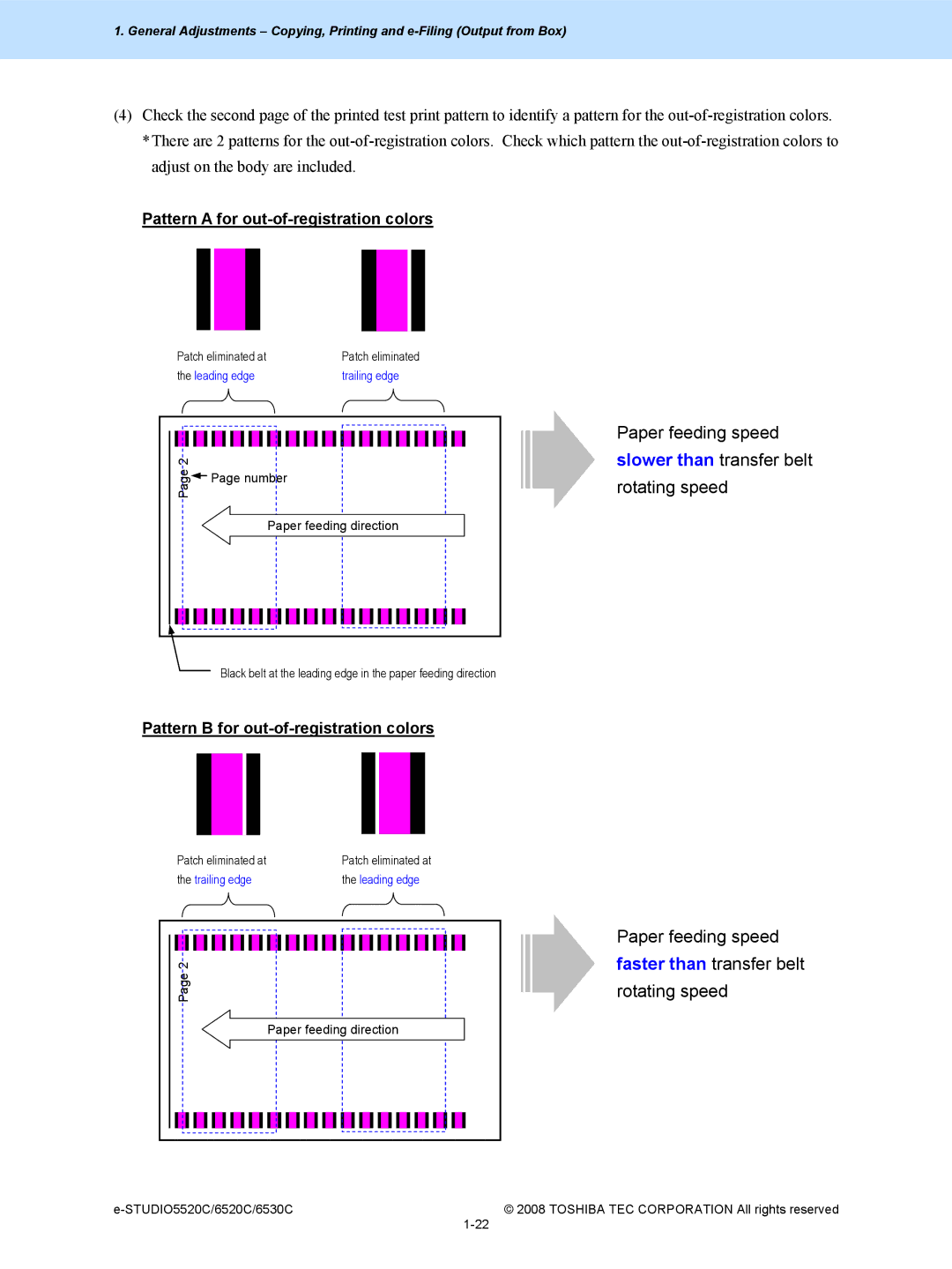 Toshiba 6520c, 5520c manual Pattern a for out-of-registration colors, Pattern B for out-of-registration colors 