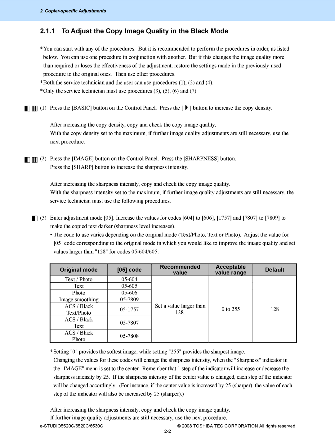 Toshiba 6520c, 5520c To Adjust the Copy Image Quality in the Black Mode, Original mode Code Recommended Acceptable Default 