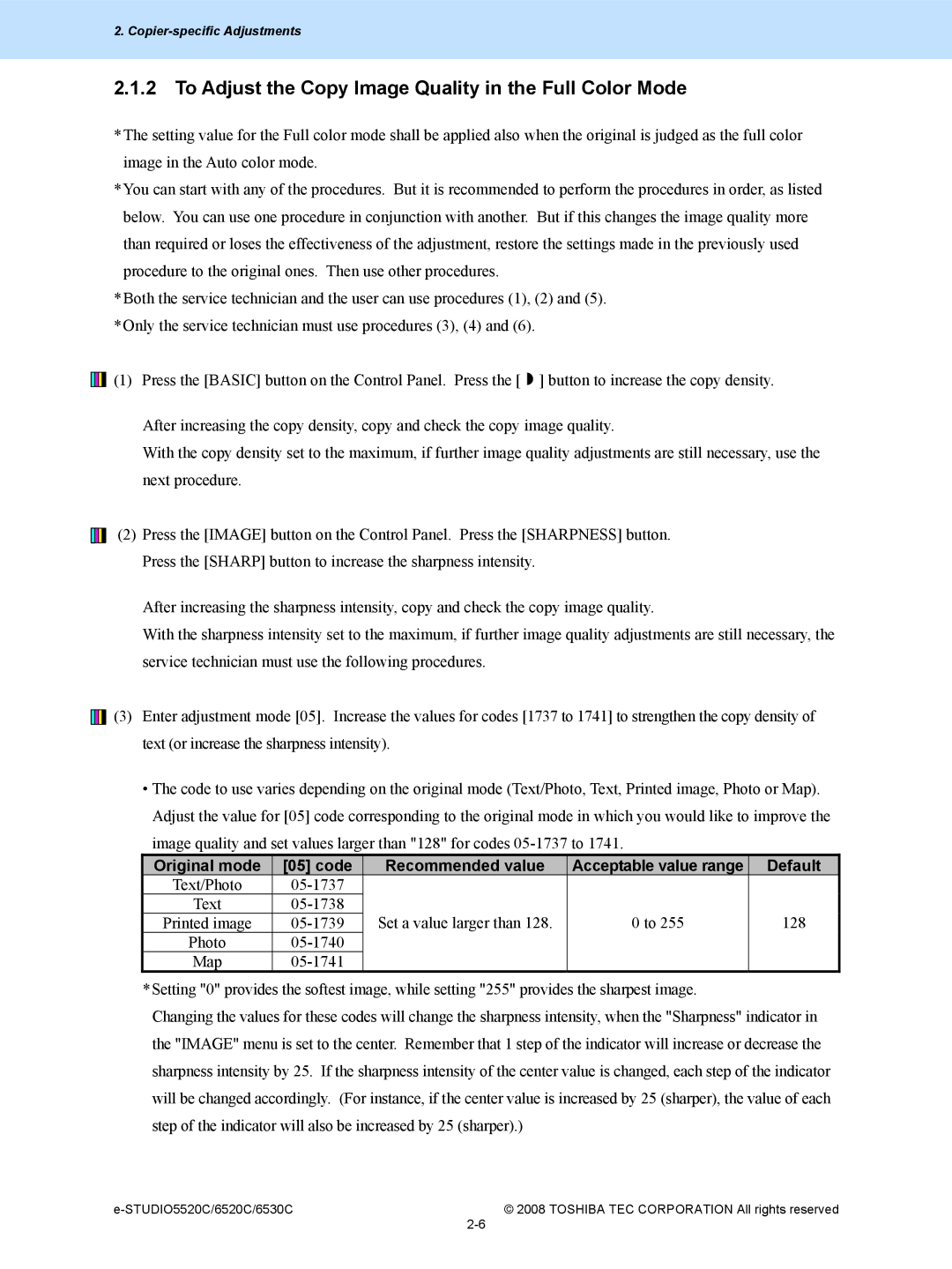 Toshiba 6520c, 5520c manual To Adjust the Copy Image Quality in the Full Color Mode, Original mode Code Recommended value 