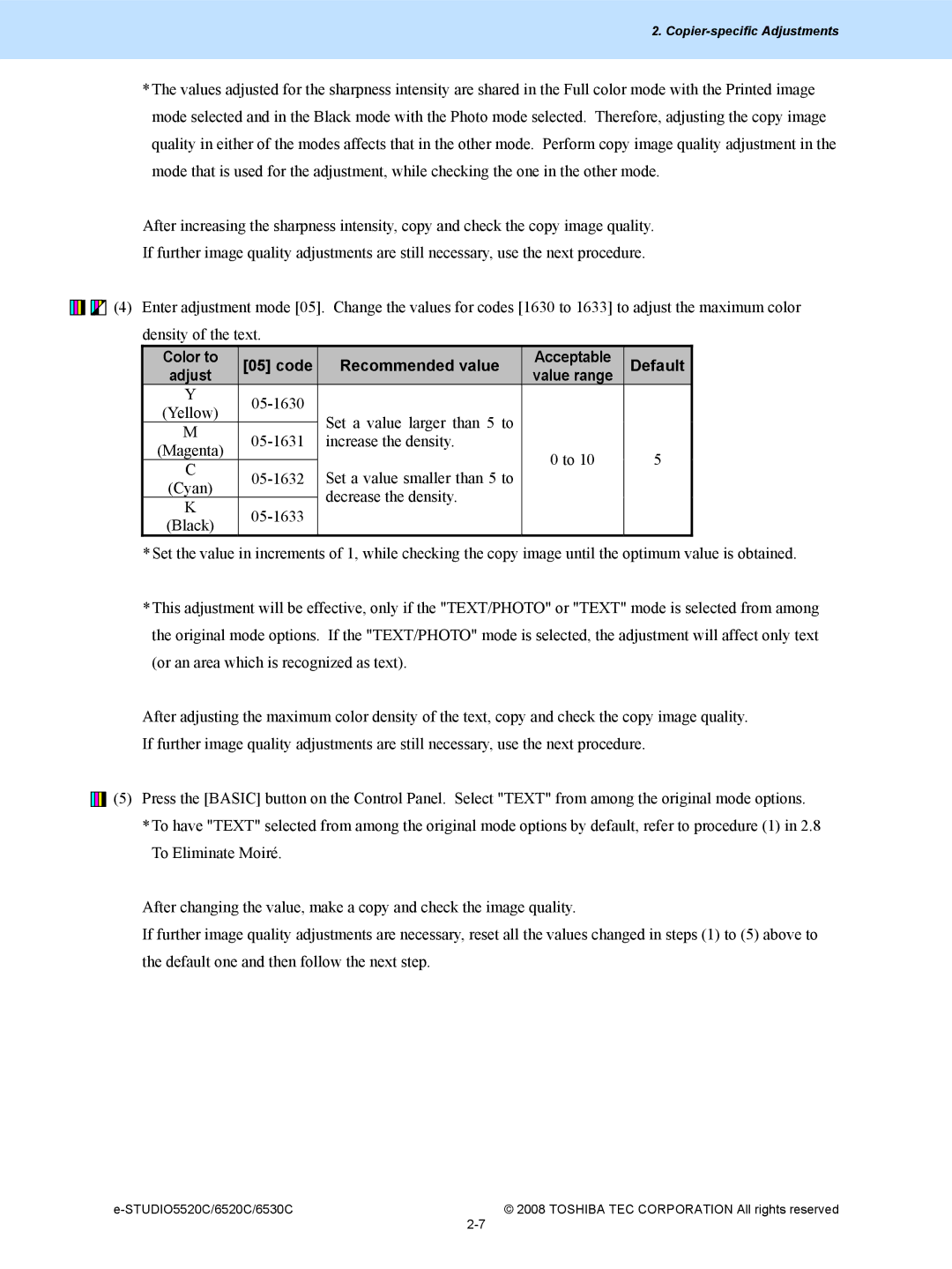 Toshiba 5520c, 6520c manual Color to Code Recommended value Acceptable Default 
