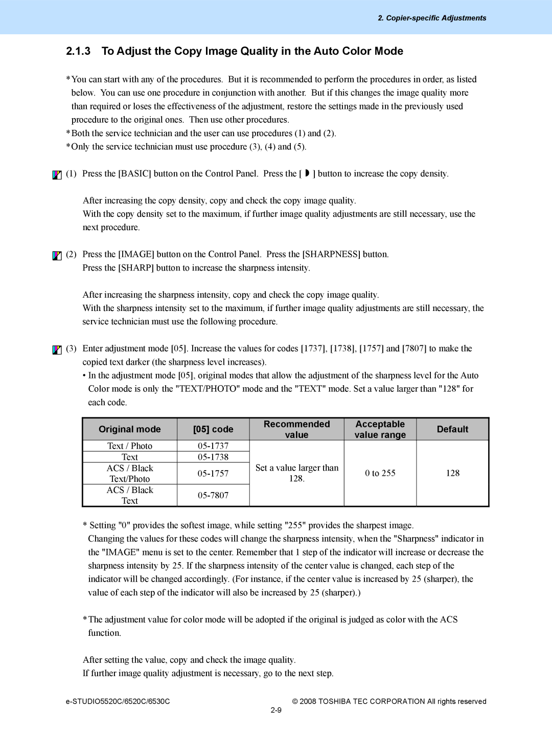 Toshiba 5520c To Adjust the Copy Image Quality in the Auto Color Mode, Original mode Code Recommended Acceptable Default 