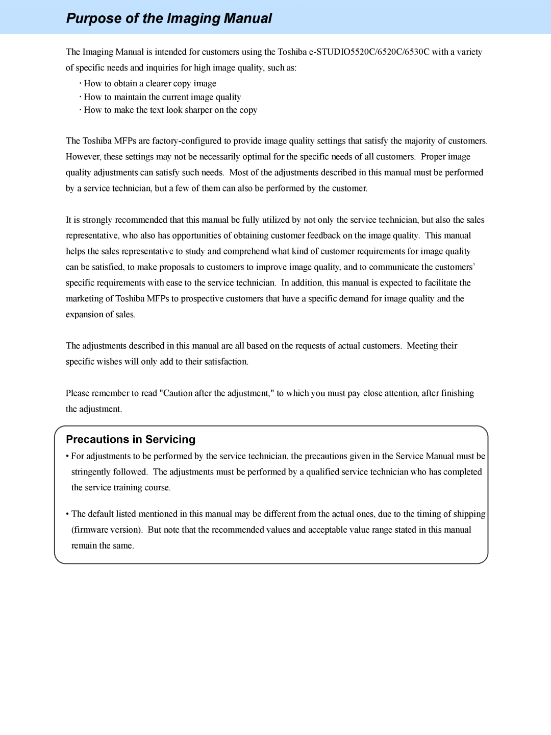 Toshiba 5520c, 6520c manual Purpose of the Imaging Manual, Precautions in Servicing 