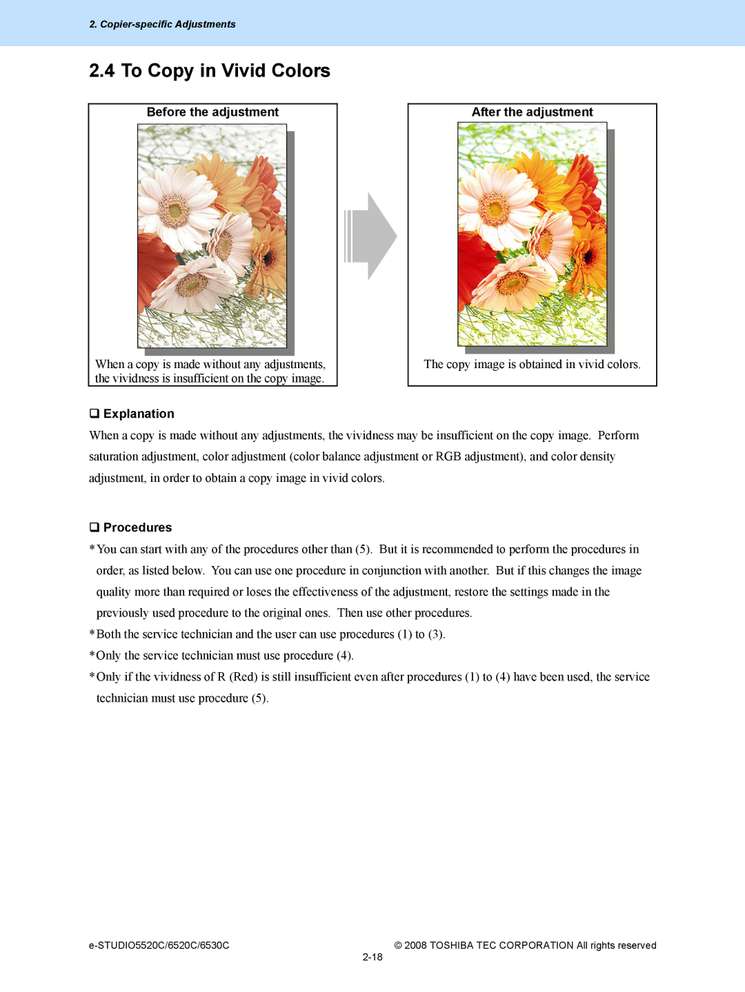 Toshiba 6520c, 5520c manual To Copy in Vivid Colors, Before the adjustment 