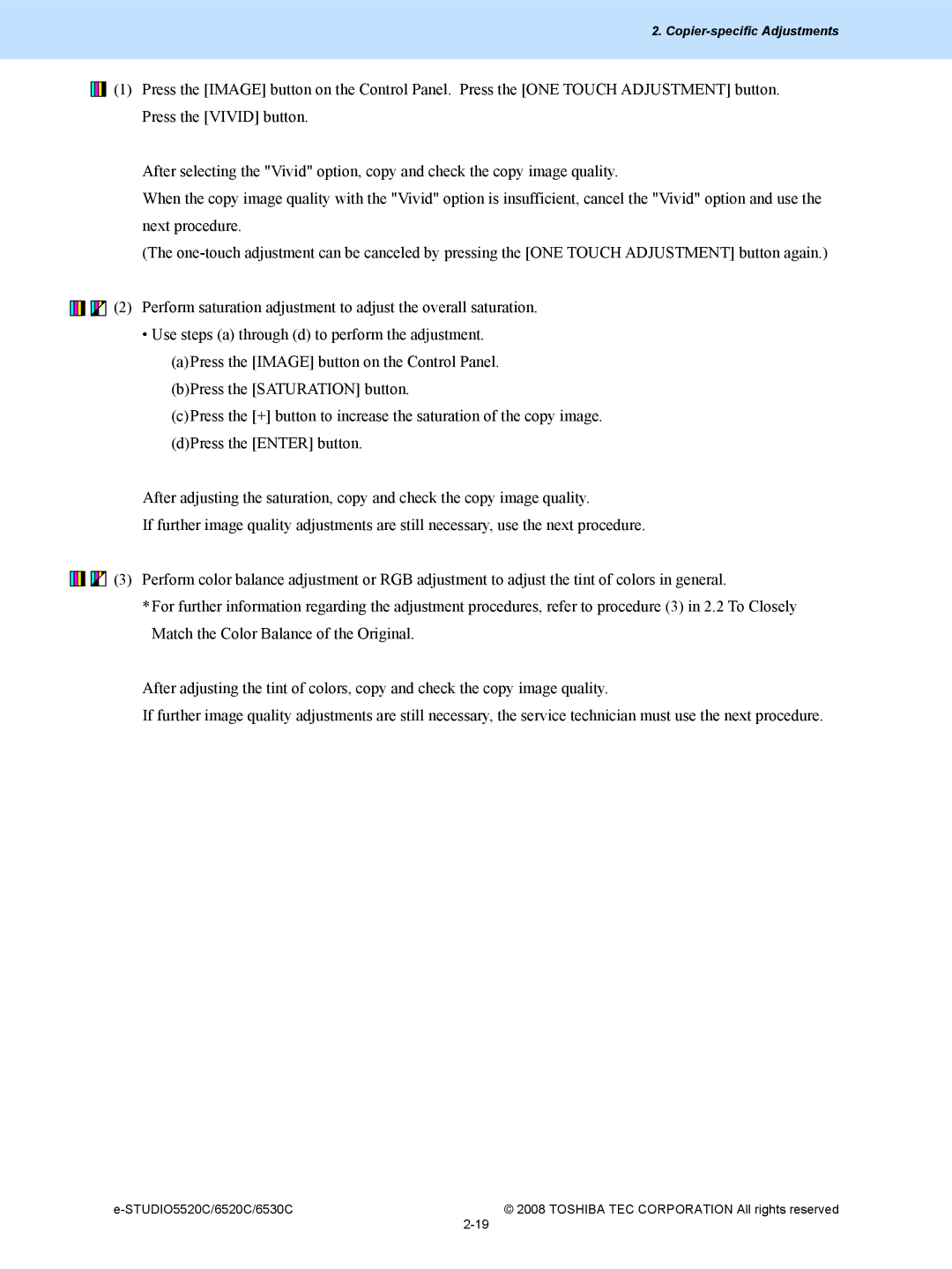 Toshiba 5520c, 6520c manual Copier-specific Adjustments 