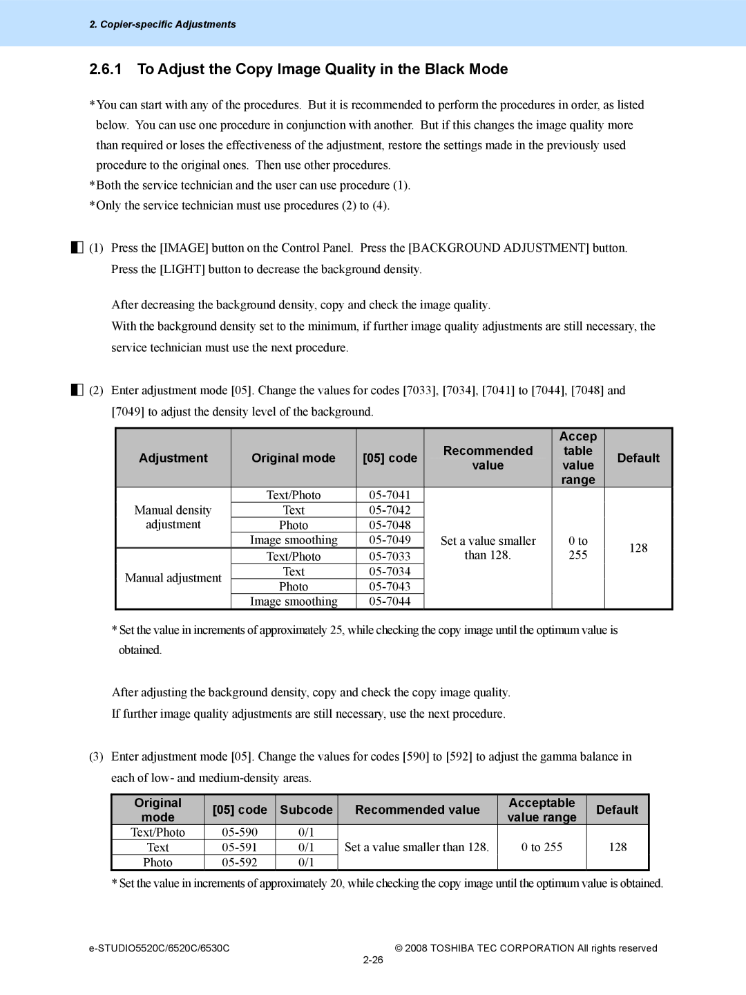 Toshiba 6520c To Adjust the Copy Image Quality in the Black Mode, Accep Adjustment Original mode Code Recommended Default 