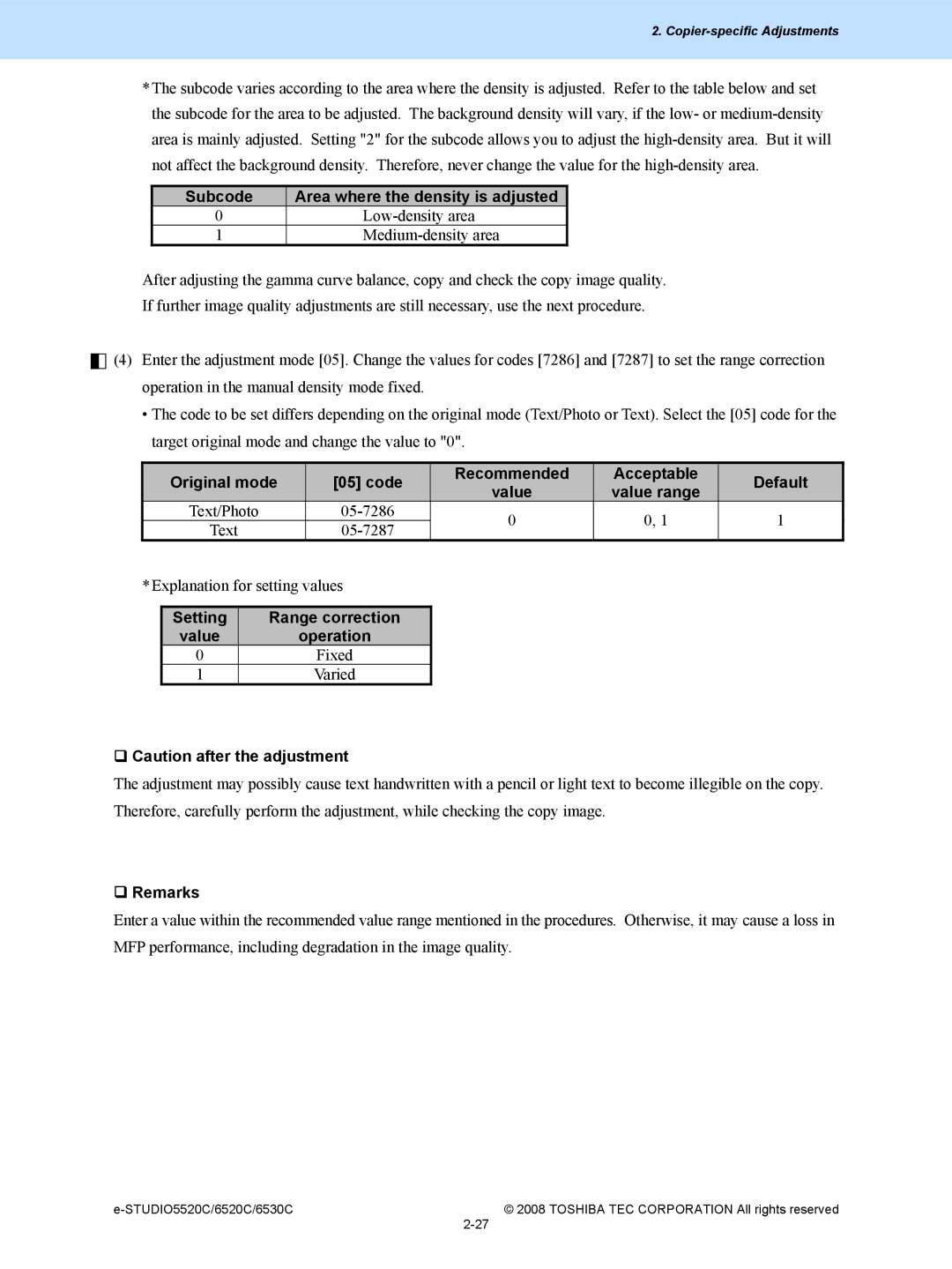 Toshiba 5520c, 6520c manual Setting Range correction, Operation 