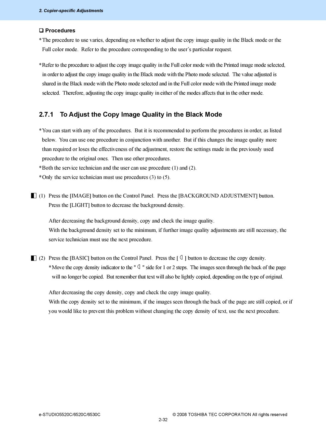 Toshiba 6520c, 5520c manual To Adjust the Copy Image Quality in the Black Mode 