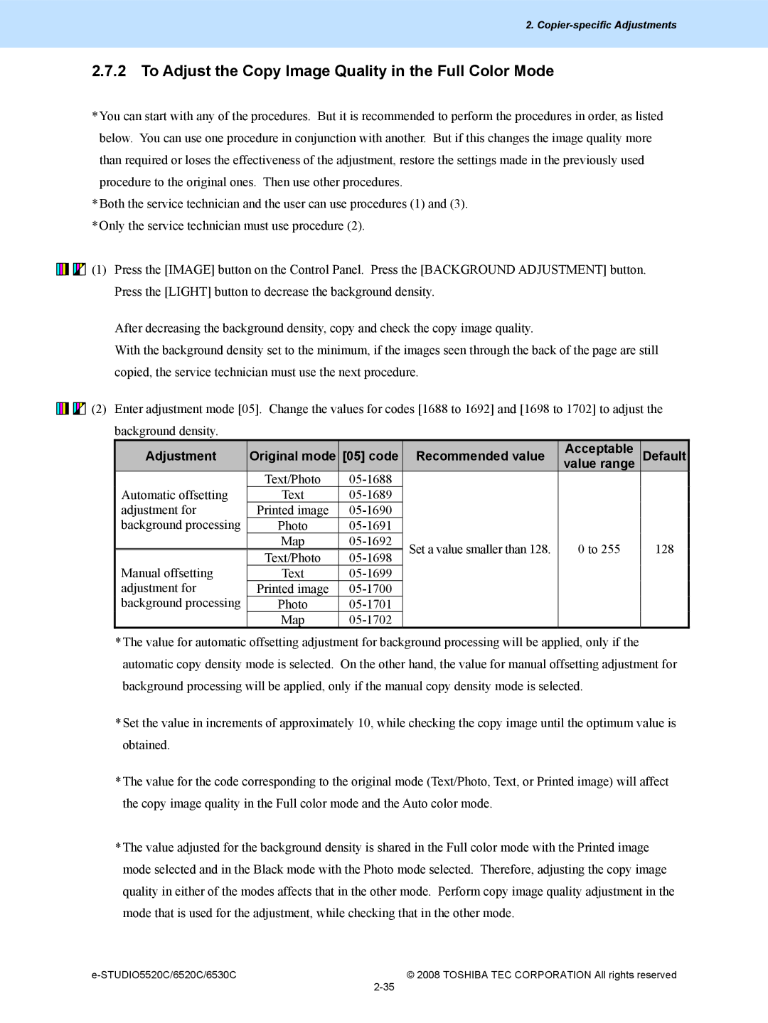 Toshiba 5520c, 6520c manual To Adjust the Copy Image Quality in the Full Color Mode 