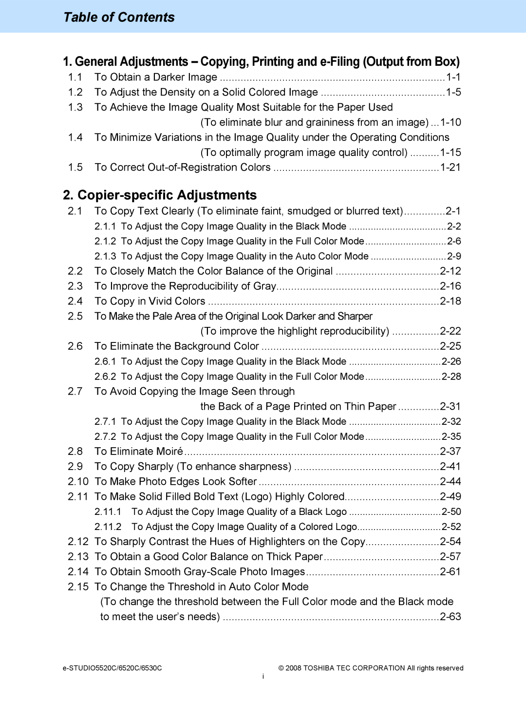 Toshiba 5520c, 6520c manual Table of Contents 