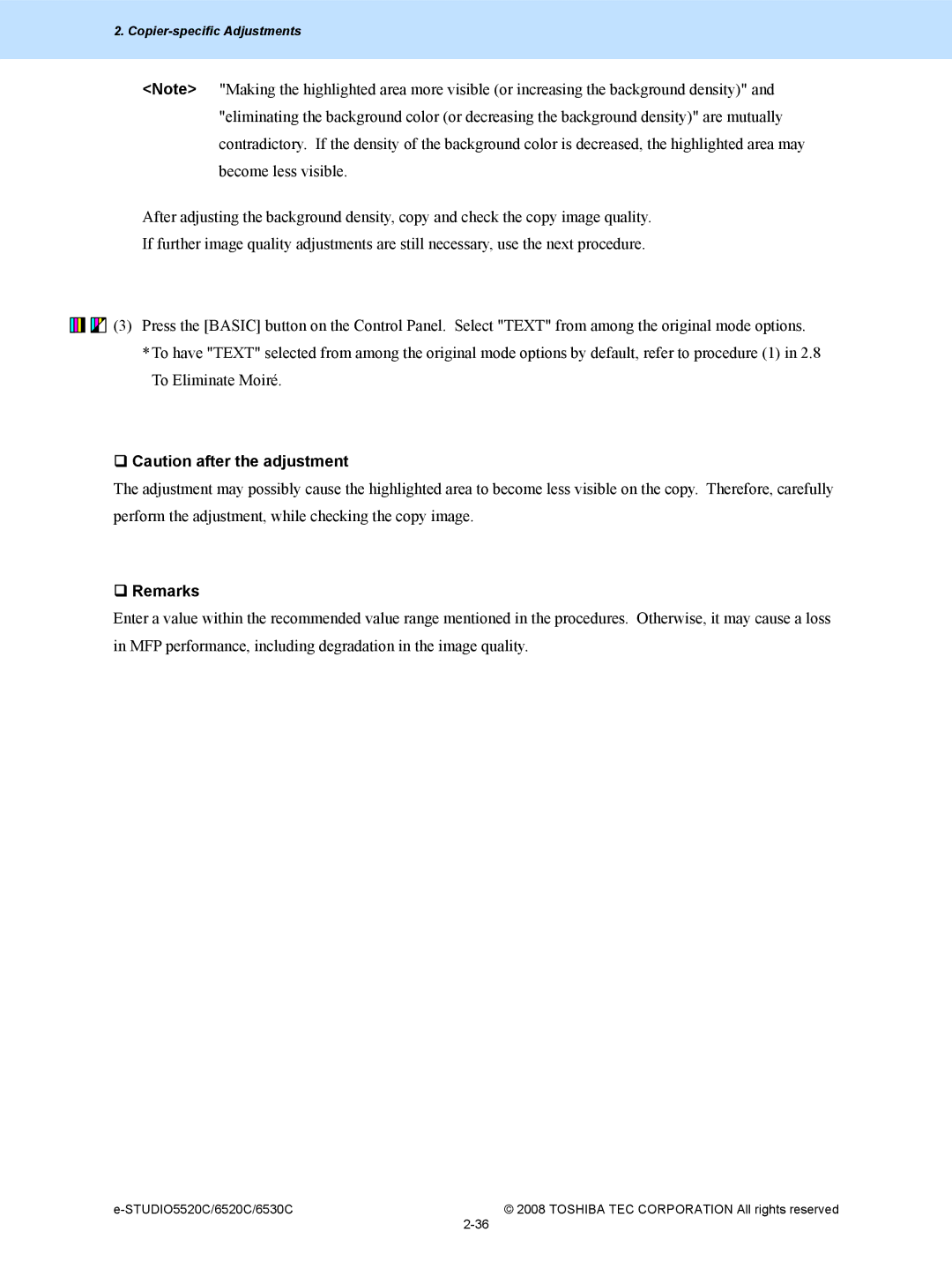 Toshiba 6520c, 5520c manual ‰ Caution after the adjustment 