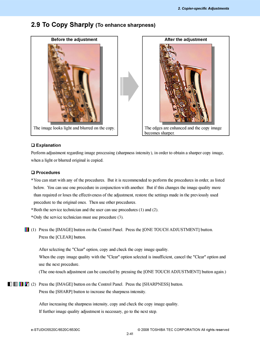 Toshiba 5520c, 6520c manual To Copy Sharply To enhance sharpness, Before the adjustment After the adjustment 