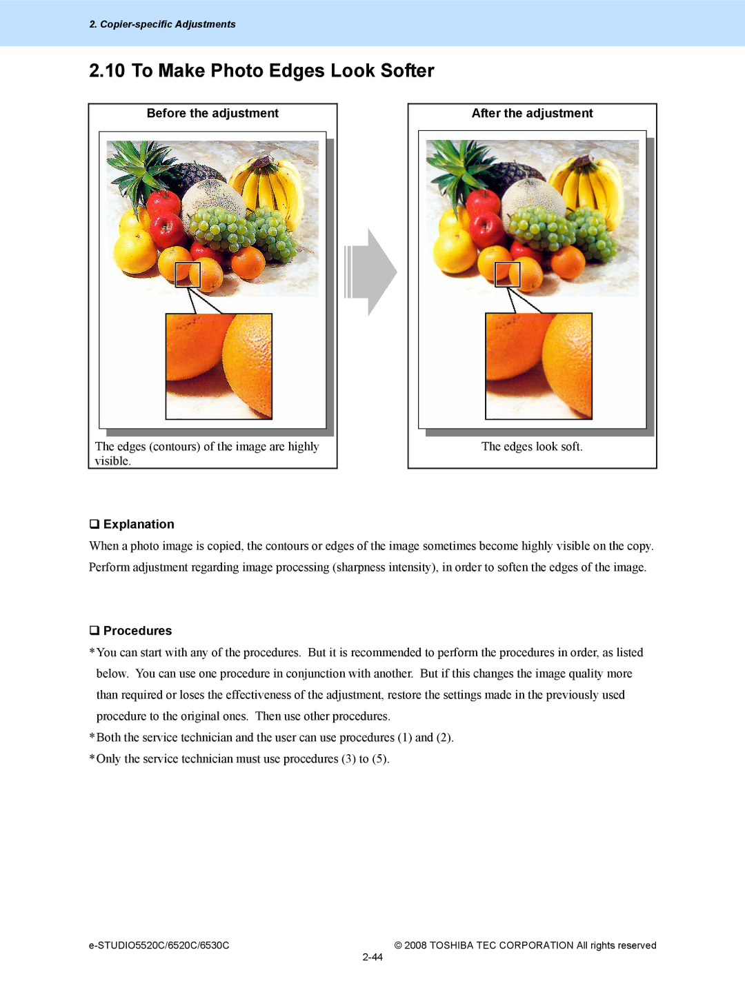 Toshiba 6520c, 5520c manual To Make Photo Edges Look Softer, Before the adjustment After the adjustment 