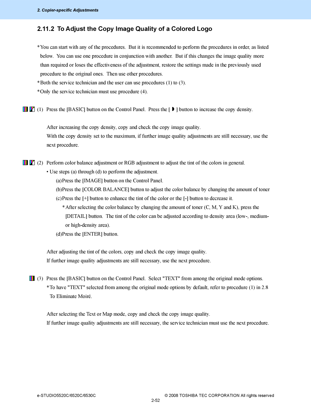 Toshiba 6520c, 5520c manual To Adjust the Copy Image Quality of a Colored Logo 
