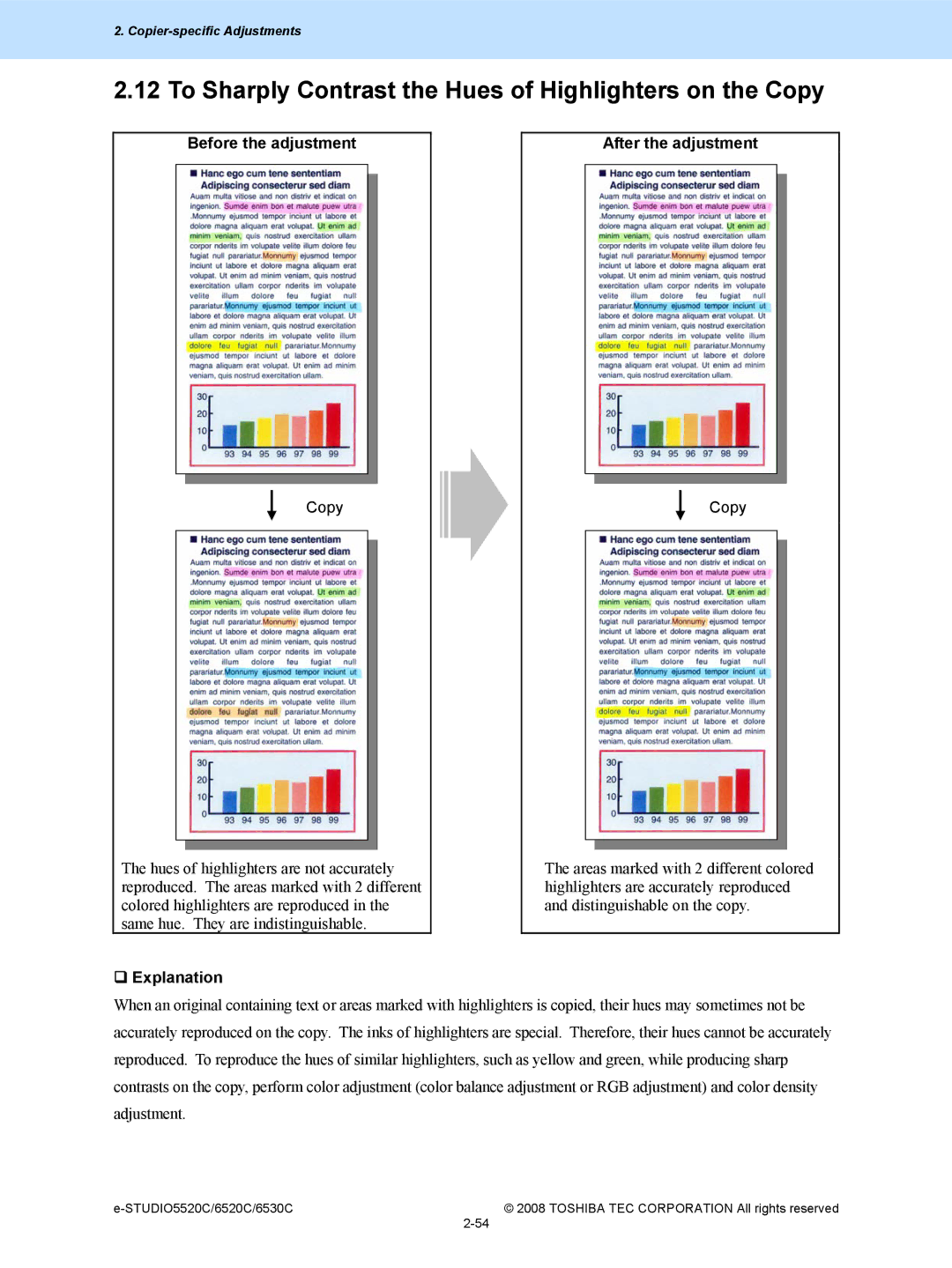 Toshiba 6520c, 5520c To Sharply Contrast the Hues of Highlighters on the Copy, Before the adjustment After the adjustment 