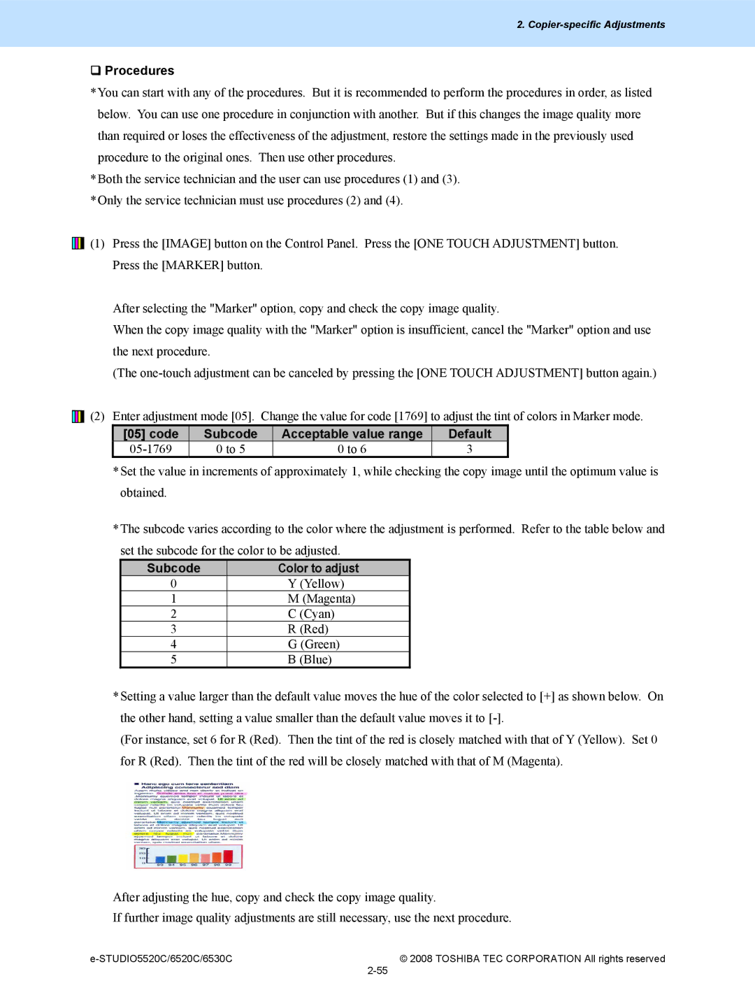 Toshiba 5520c, 6520c manual Code Subcode Acceptable value range Default, Subcode Color to adjust 