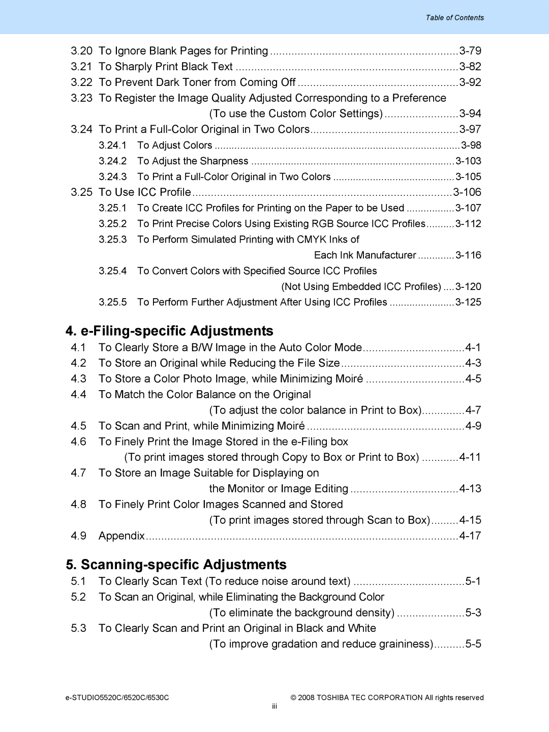 Toshiba 5520c, 6520c manual Filing-specific Adjustments, Scanning-specific Adjustments 