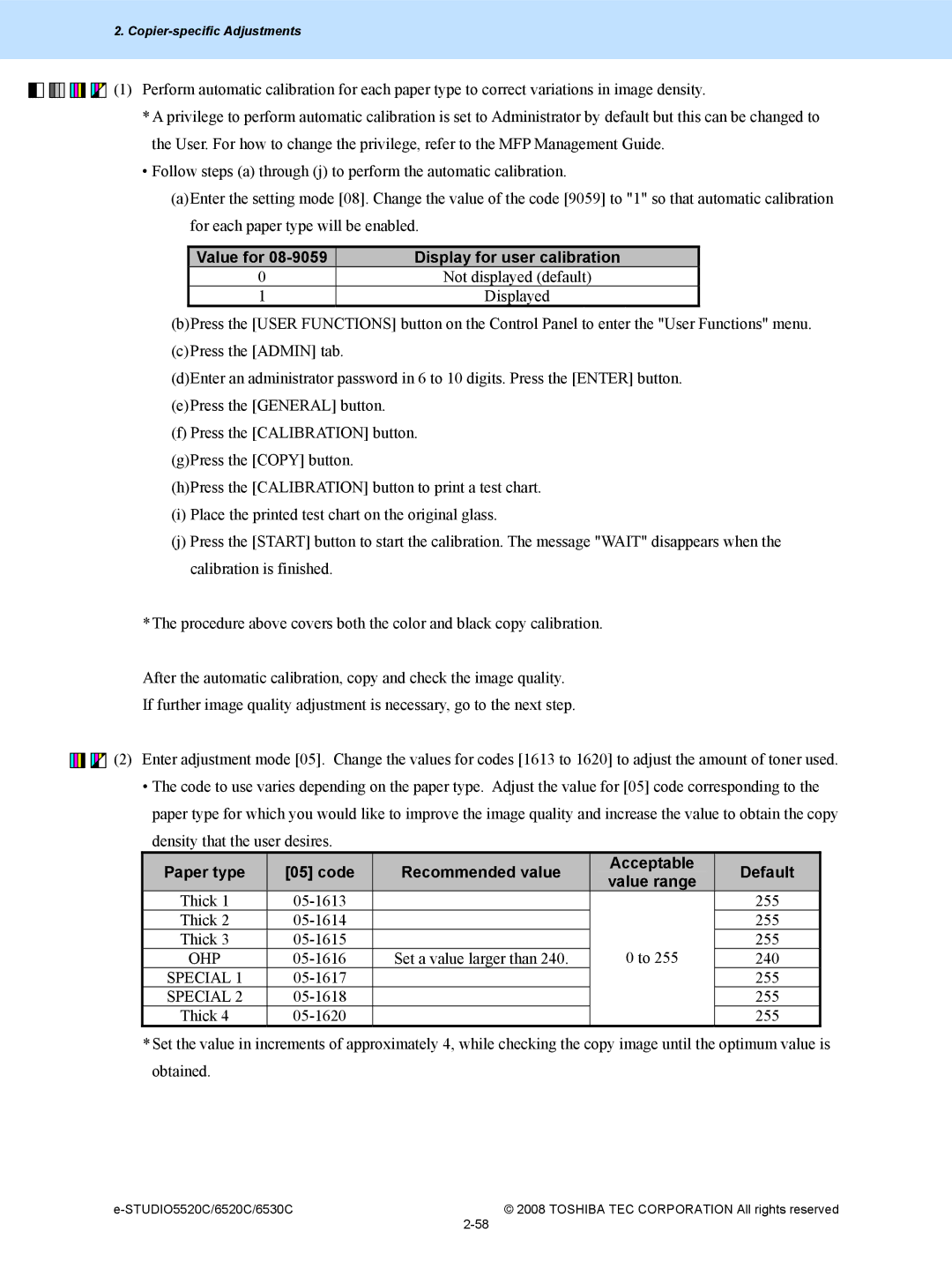 Toshiba 6520c, 5520c manual Value for Display for user calibration, Paper type Code Recommended value Acceptable Default 