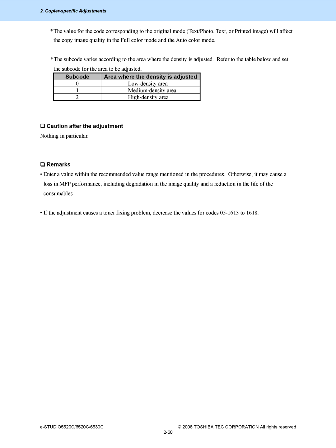 Toshiba 6520c, 5520c manual Subcode Area where the density is adjusted 
